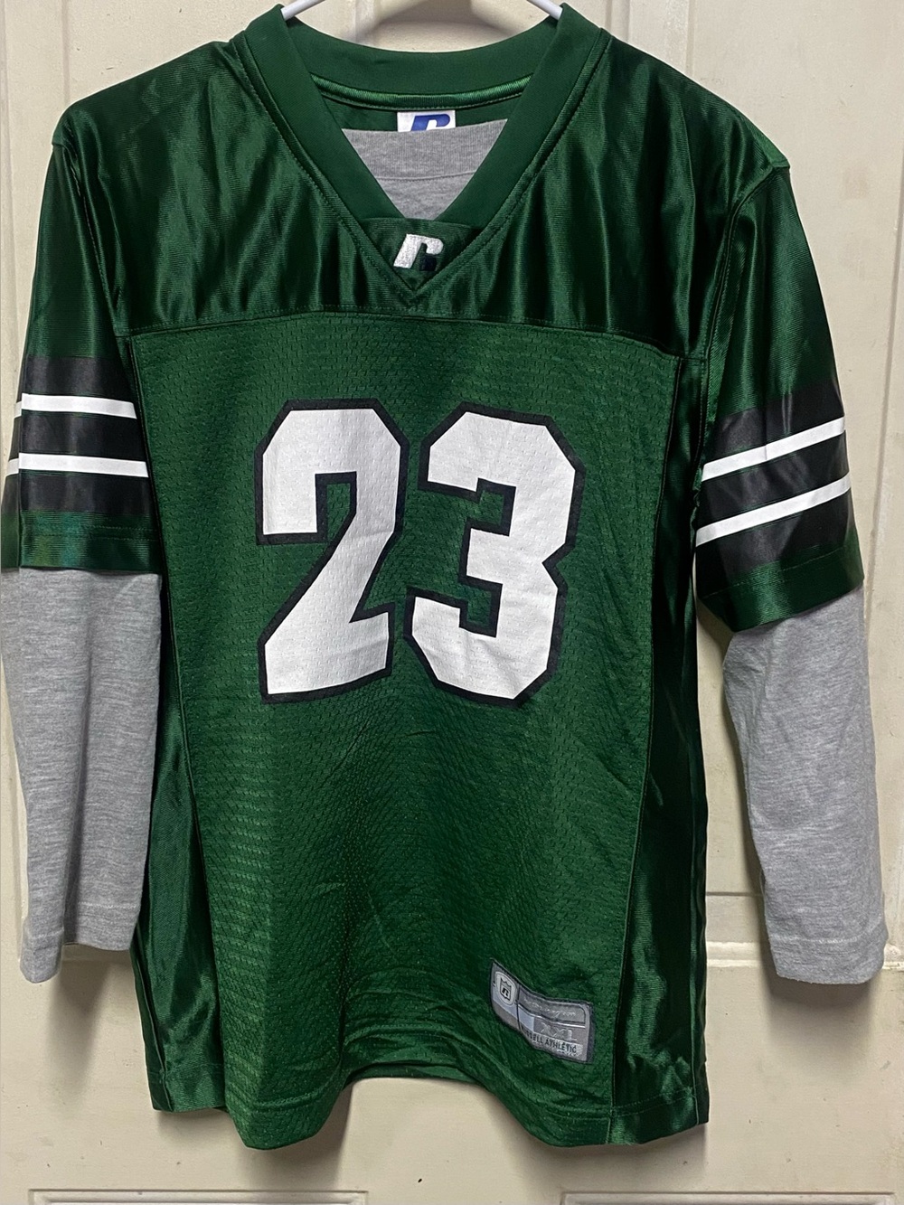 Russell Athletic Youth Football Jersey #23 Green Gray Long Sleeve M 10/12